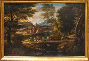 Cerchia di of Jakob de Heusch (Utrecht, 1657- Amsterdam, 1701), Paesaggio Italiano con viandanti